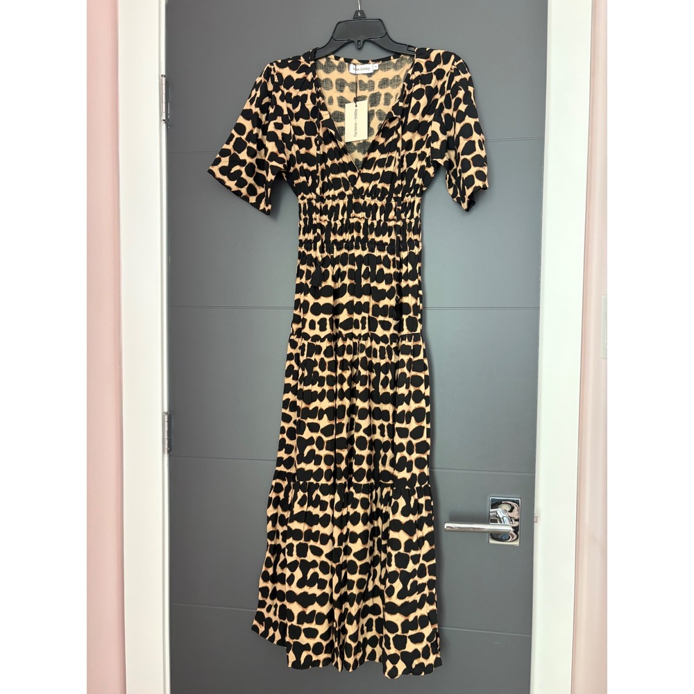 The Home Holiday Leopard Print Maxi Dress Womens Small‎ Smocked Tiered Boho New